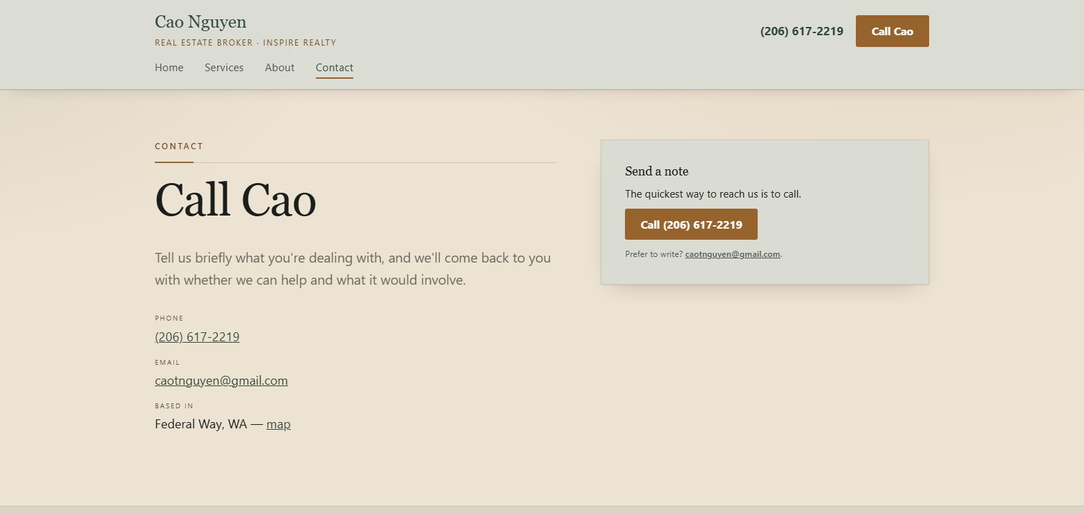 The Cao Nguyen Contact page — a large 'Call Cao' headline, his phone number, email and Federal Way base, and a card with a call button.