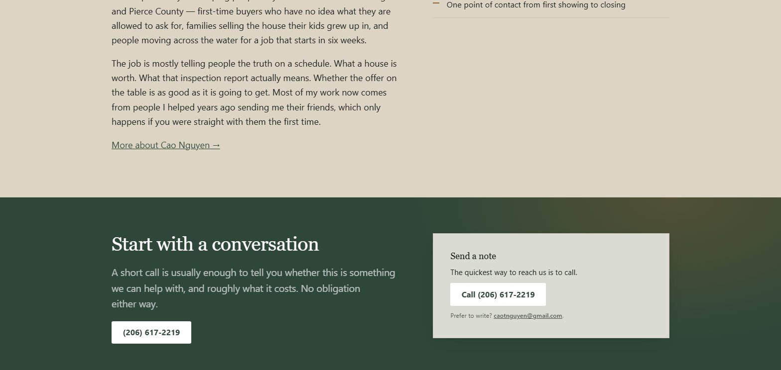 The lower half of the Cao Nguyen homepage: the tan background section gives way to a dark forest-green band headed 'Start with a conversation', with a call button and a card offering his phone number and email.