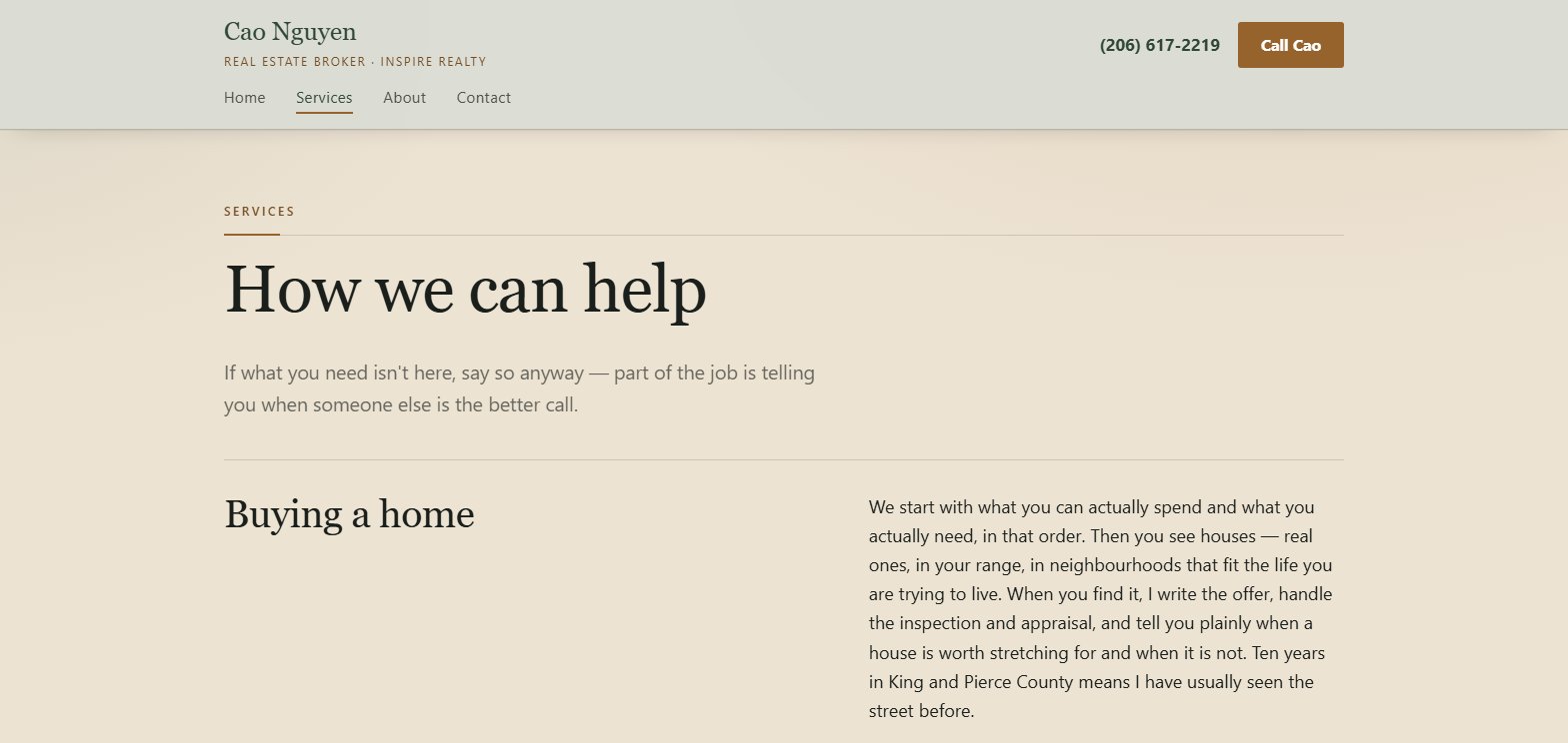 The Cao Nguyen Services page — 'How we can help', with the first service, 'Buying a home', set beside a plain paragraph on how he approaches it.