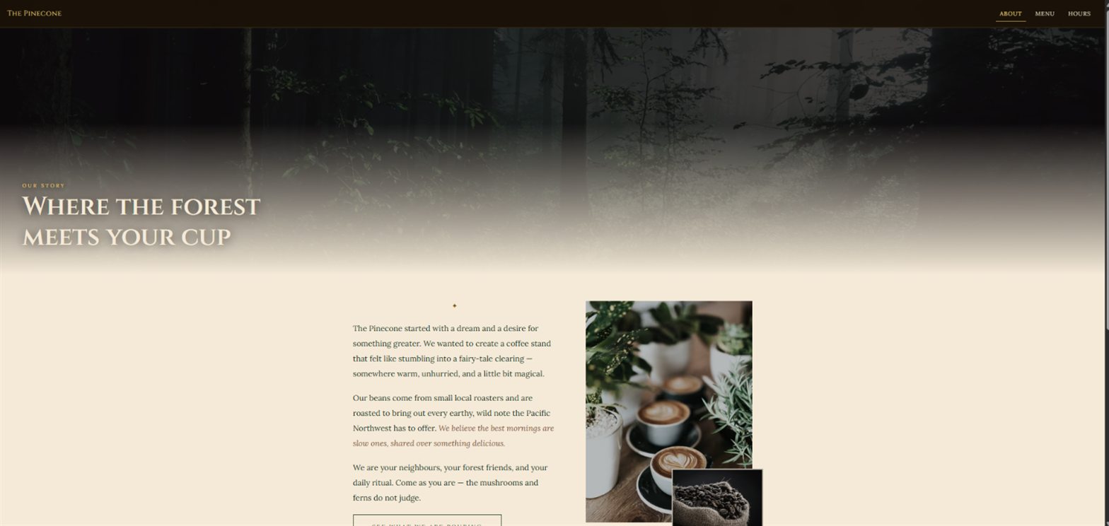 The Pinecone About page — 'Where the forest meets your cup', the brand story set beside photographs of latte art among potted greenery and a burlap sack of roasted coffee beans.