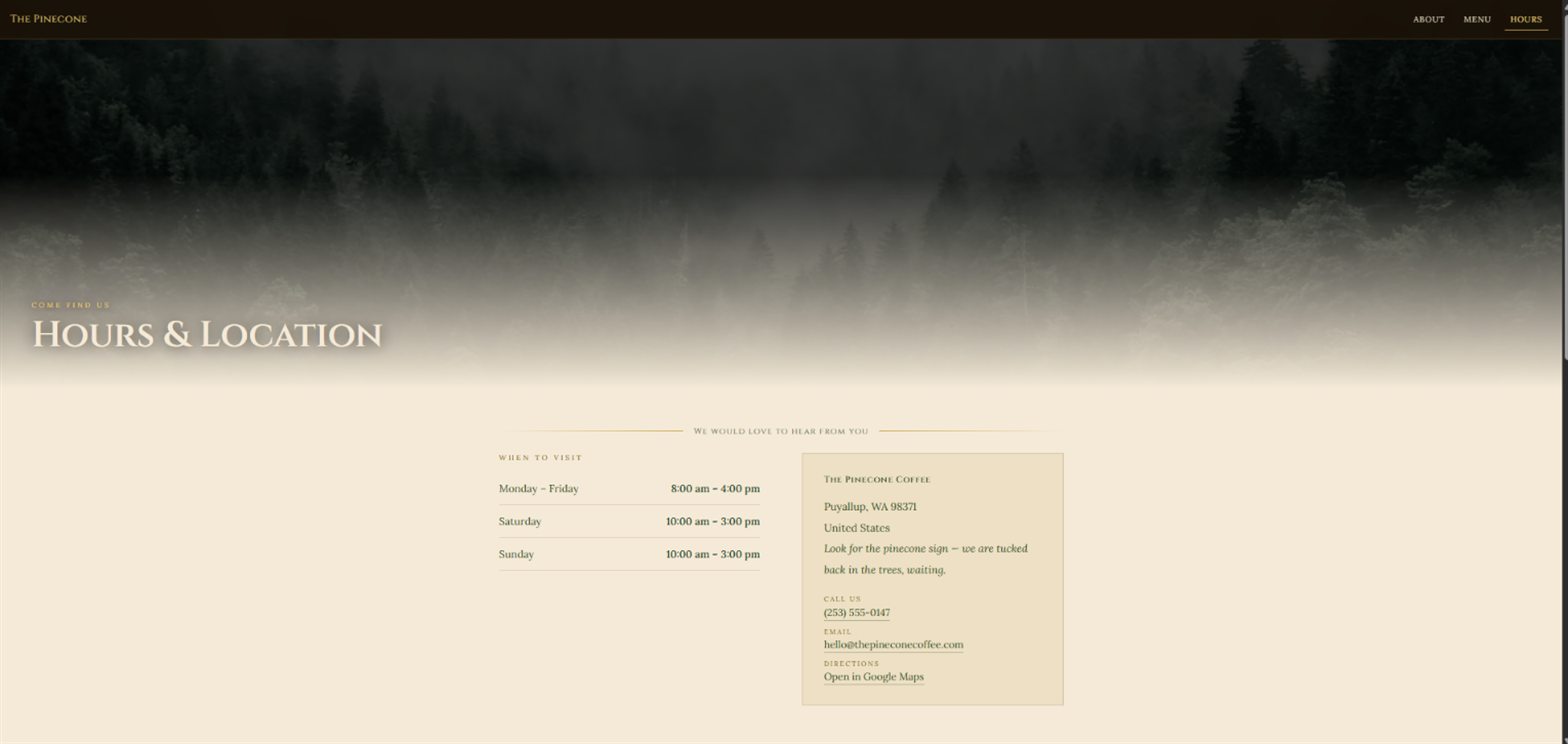 The Pinecone Hours & Location page — opening hours for each day and the Puyallup address, on a warm cream background.
