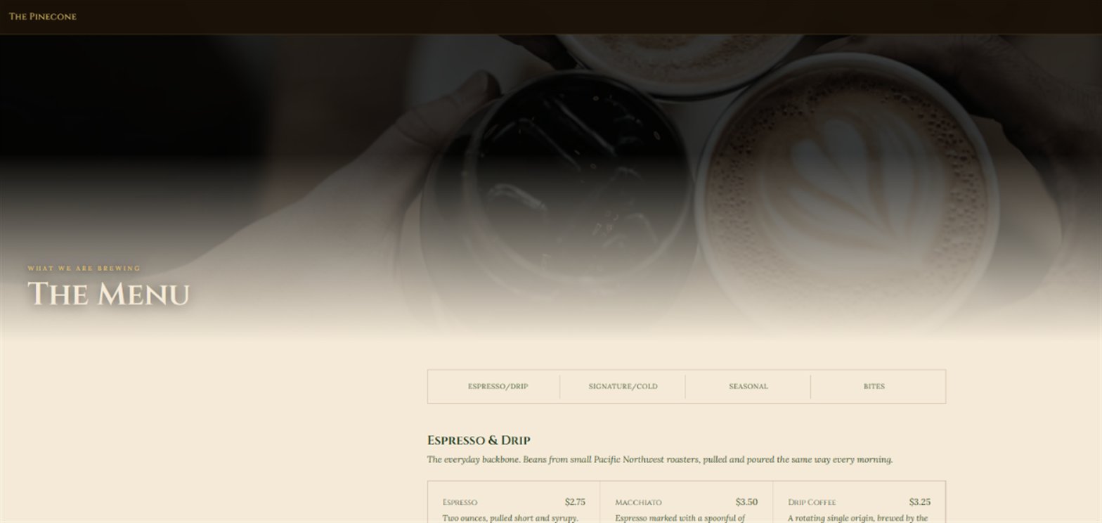 The Pinecone Menu page — 'The Menu', with category tabs for espresso/drip, signature/cold, seasonal and bites, over an espresso-and-drip list showing prices and vegan/vegetarian tags.